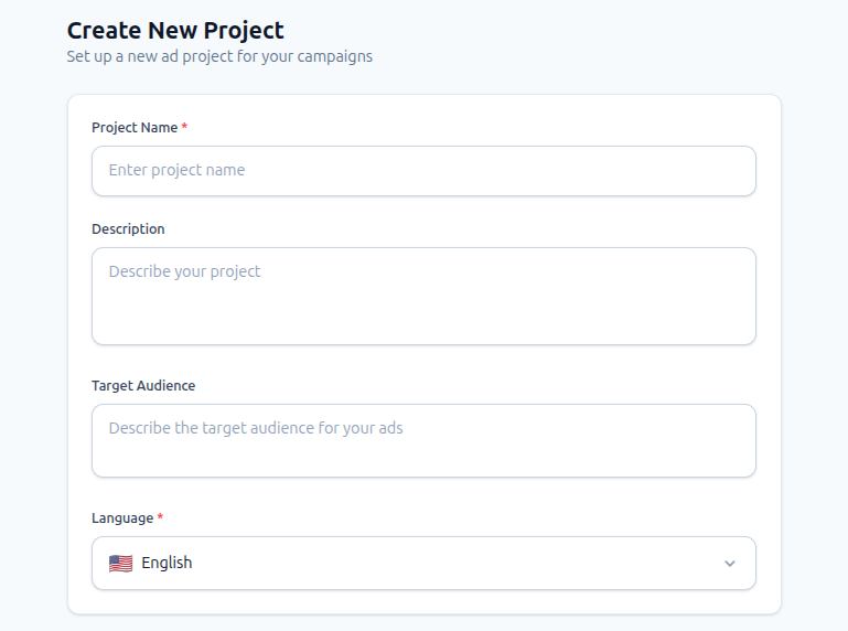 Create New Project Interface