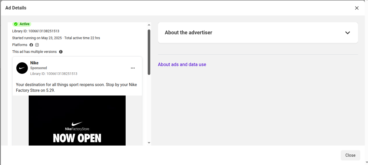 Facebook Ad Details View