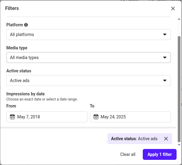 Facebook Ads Library Filters